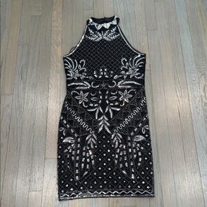 NWT Quiz Elegant Black and Silver High Neck Babycon Sequin Dress Sz L